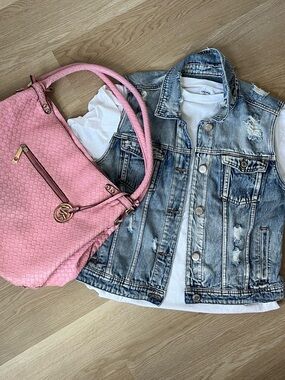 3PC Outfit Bundle | Michael Kors Pink Woven Bag + Distressed Denim Vest + White